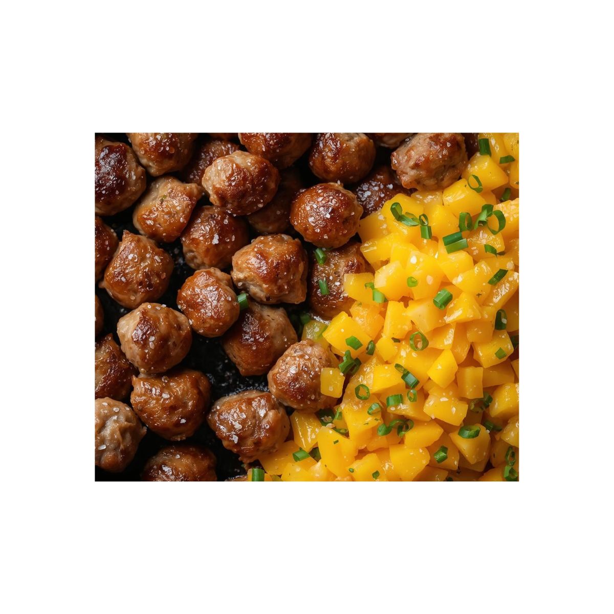 meatballs next to diced peaches in skillet with no dairy and no soy