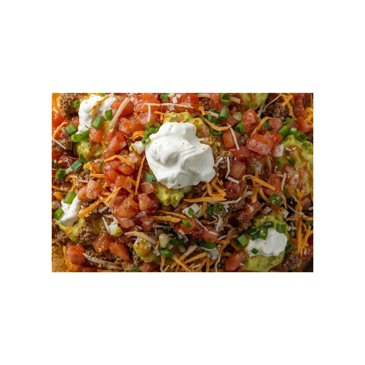 ground pork, diced tomatoes on top of nachos that is 100% dairy-free and soy-free.