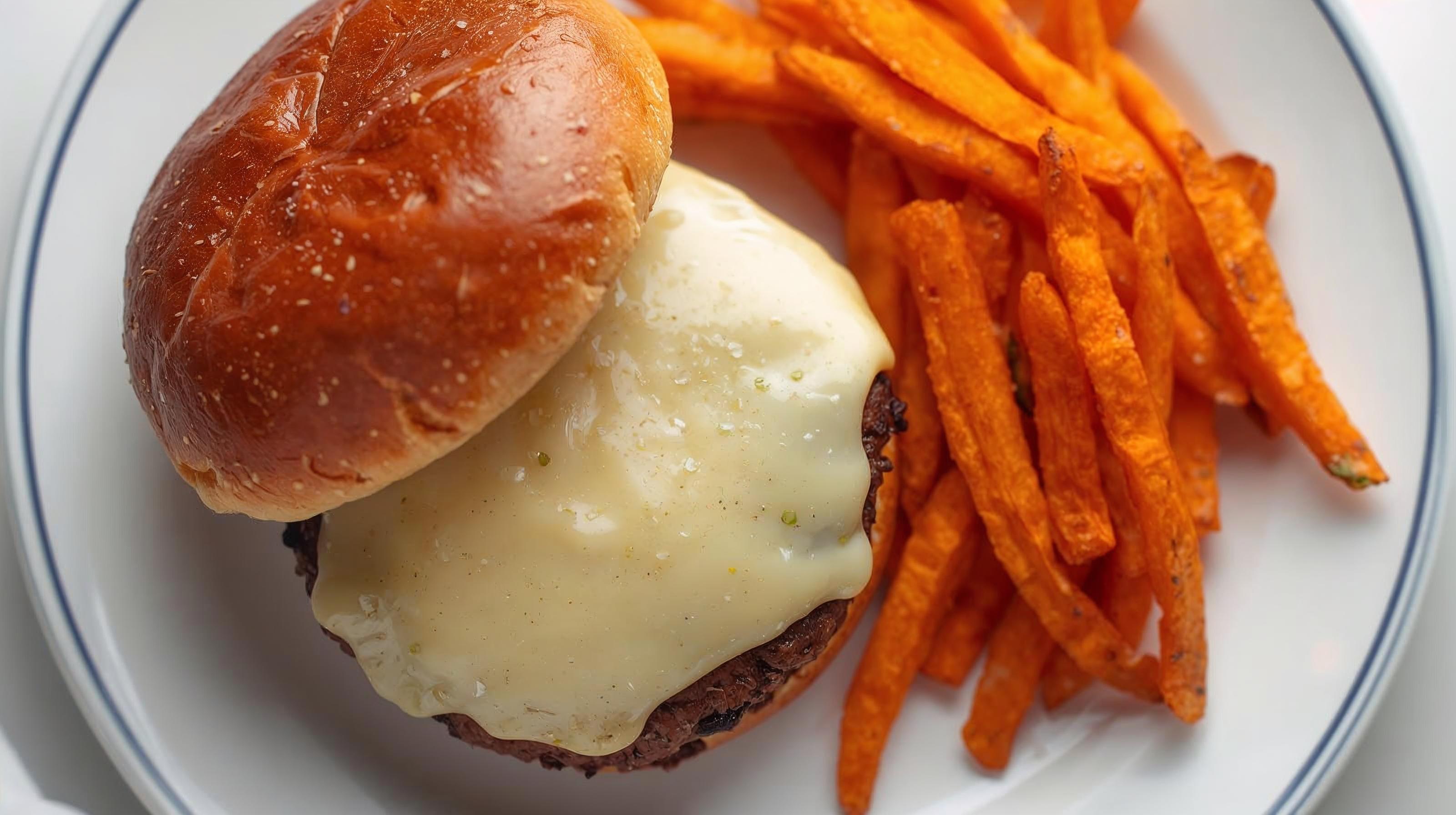 cheeseburger and sweet potato fries 100% dairy-free and soy-free